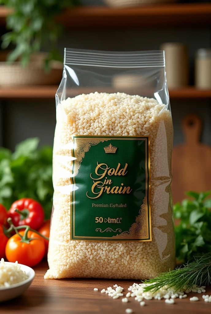 LARGE 50 KILOS TRANSPARENT BAG OF PREMIUM RICE AND THE FRONT PART IN GREEN AND GOLD COLORS WITH THE BRAND "GOLD IN GRAIN"