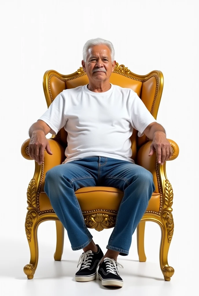 Thai man, white skin, older, white hair, wear white t-shirt, blue jeans, black canvas shoes, sit on gold chair, white background, 4k