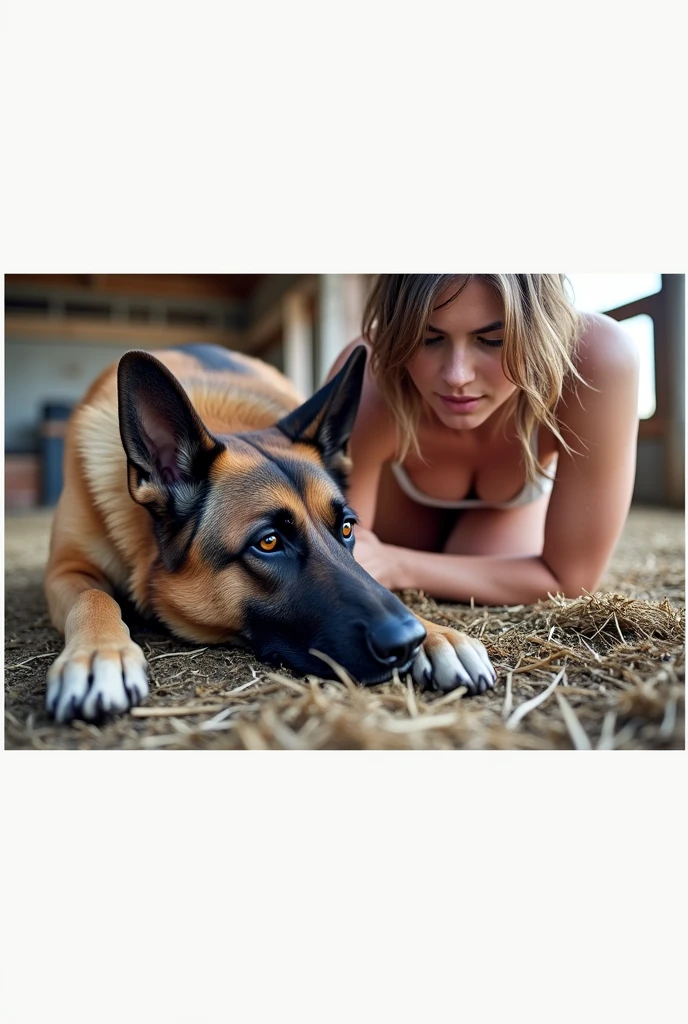 24 year old brunette on her hands and knees in a barn, there is a german shepherd mounted on top of the brunette and is fucking the brunette, the brunette has an orgasm expression on her face