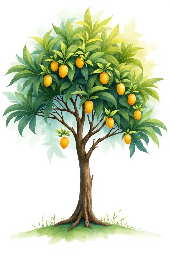 watercolor painting of a tree called Mangifera Indica, What is the mango tree?, This with a white background and the tree in the middle. vertically
