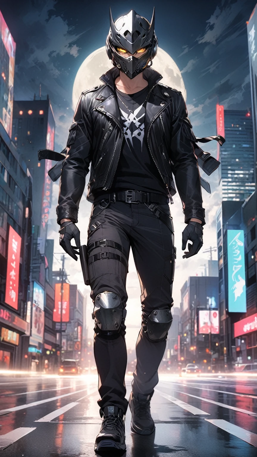 Masterpiece, Best Quality, 1boy, belt, black footwear, black jacket, black pants, building, city, cloud, full body, full moon, gloves, glowing, glowing eyes, gun, helmet, jacket, knee pads, leather, leather jacket, looking at viewer, male focus, mask, moon, night, night sky, open clothes, open jacket, outdoors, pants, shirt, sky, solo, standing, walking, serious look, yellow eyes