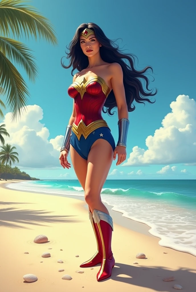 Wonder Woman without clothes on a beach 