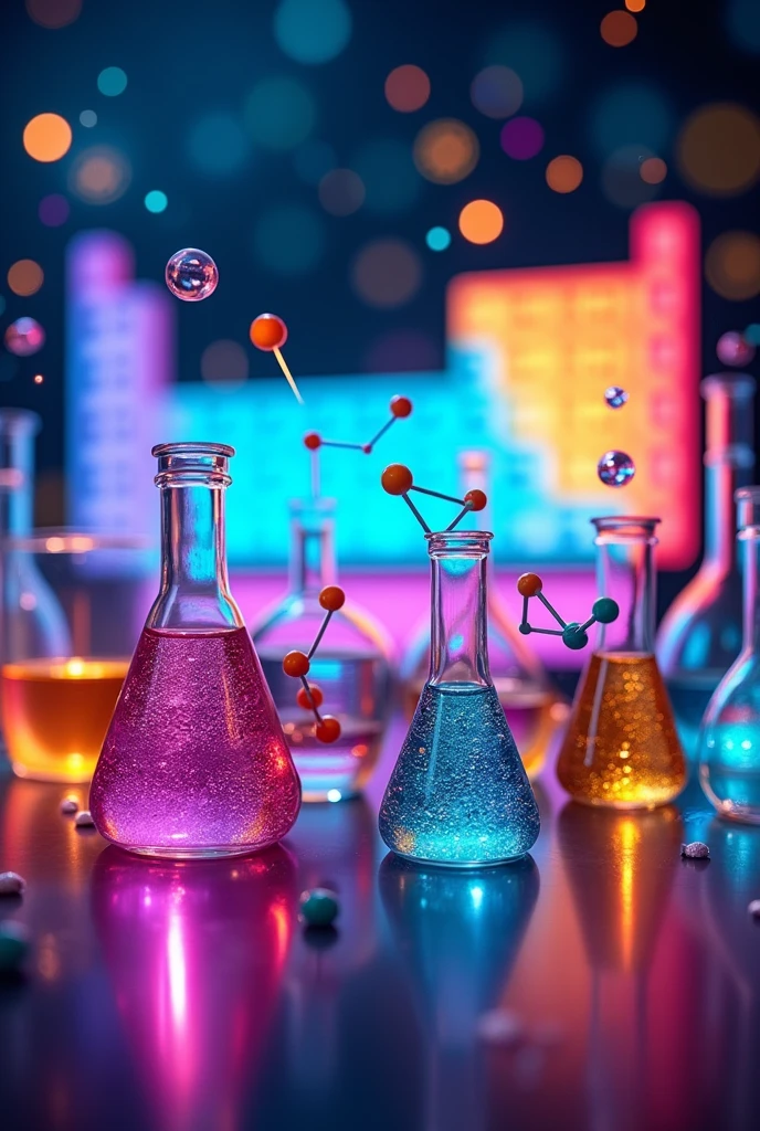 Create a comprehensive image that represents the field of Chemistry. Include visuals like a periodic table, laboratory bottles with colored liquids, and a molecule with a structure of atoms connected by bonds. Add symbols for different types of chemical reactions and representations of concepts such as acids and bases, and a simple chemical equation. Make sure the image conveys the idea of scientific experimentation and discovery in the field of Chemistry..