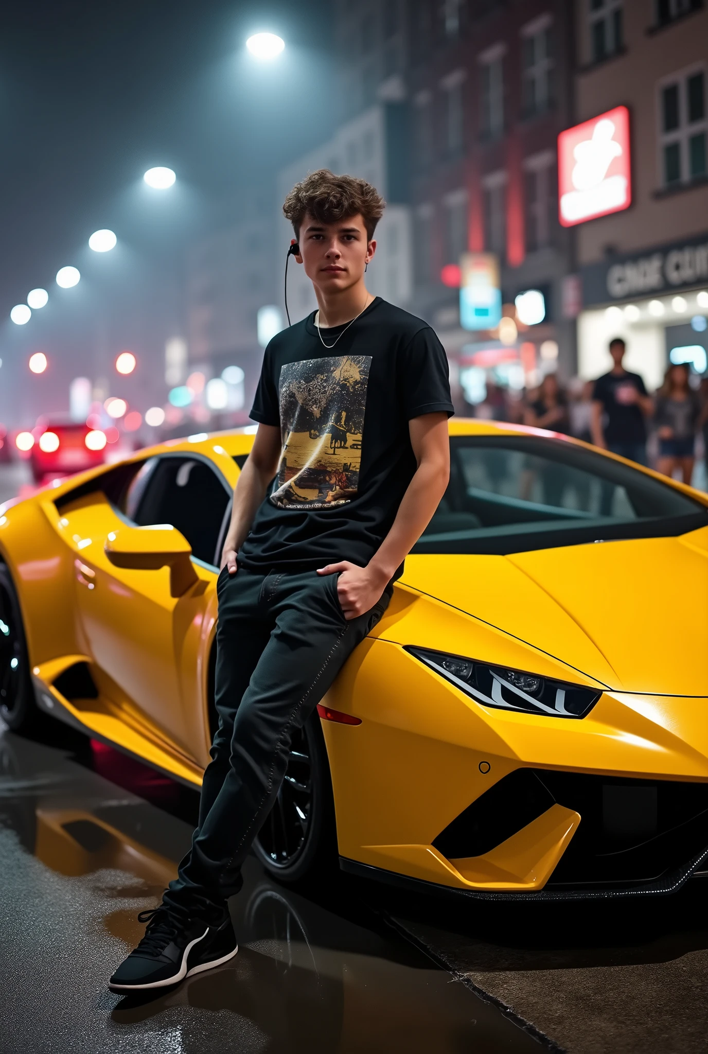 (photorealism:1.2), handsome boy, printing t-shirts and tight scars jeans, standing beside his new type lambo car(glossy yellow), (random camera angle), smokes streets, girls are taking his picture by cellphones, the traffic lights and marks, low angle camera shots, earphones, nike black sneakers, car lights in the streets at nights