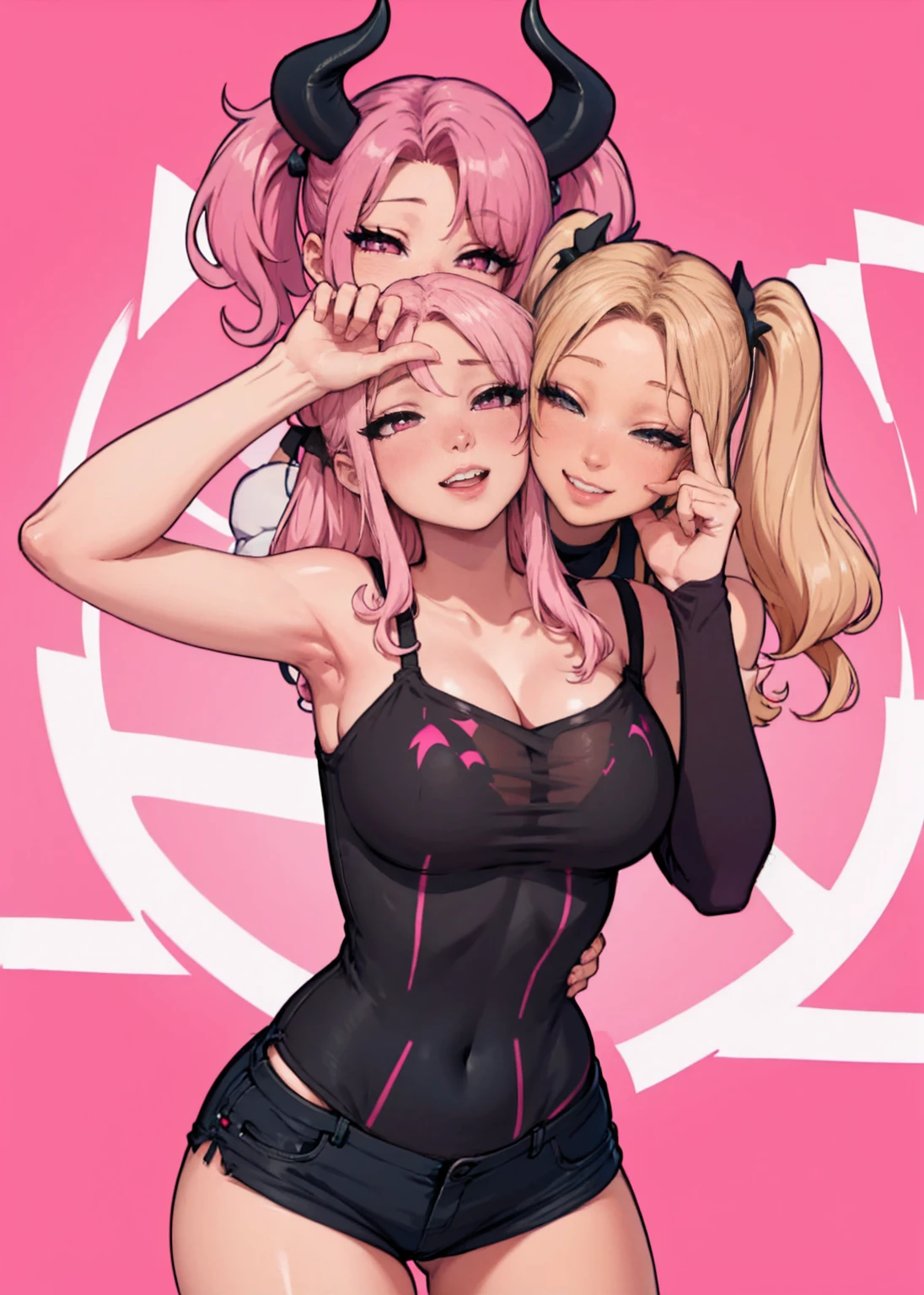 big lips, pink hair, pink eyes, japanese face, gyaru, huge breasts, wide hips, sexy, pink theme, kawaii, detailed, decora, bangs, grin, gyaru outfit, kawaii, pink and black outfit,, horns, cute succubus, small succubus wings, winking, eye wink, , twin tails, winky face,perfect angle, HD quality, 8k, pink eyes, loser hand sign, loser, L, twin tails, mini shorts, colorful, evil, fangs, kawaii