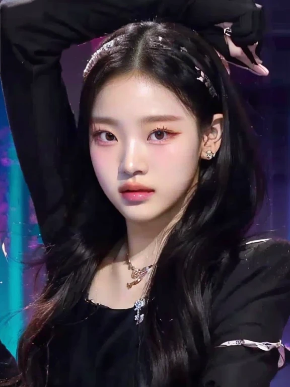 un primer plano de una persona con un micrófono en la mano, portrait of jossi de blackpink, jennie rosa negro, Jaeyeon Nam, jossi de blackpink, portrait of female ídolo coreano, Yanjun Chengt, inspired by Yanjun Cheng, ídolo coreano, Retrato del ídolo kpop, kda, jinyoung shin, gongbi, TaeJune Kim