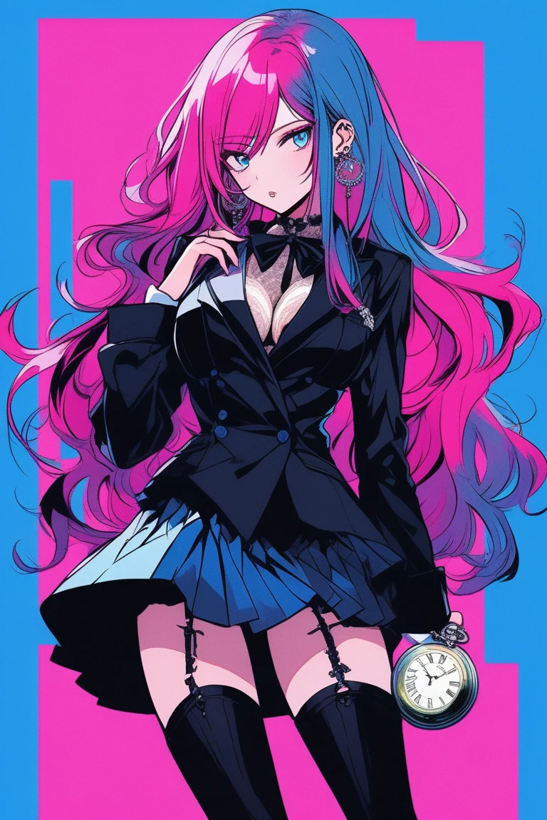 Illustrator, anime , Realistic ,sketch , 1 person, model, 7,lip, Holding a pocket watch, wearing a mini skirt dress like a black tuxedo, Thigh-high stockings with lace, order, Blue and pink gradient background, Neon colored hair, Big Bk back, Sexy look, Sexy e, Texture m, Russia, (masterpiece,Highest quality)
