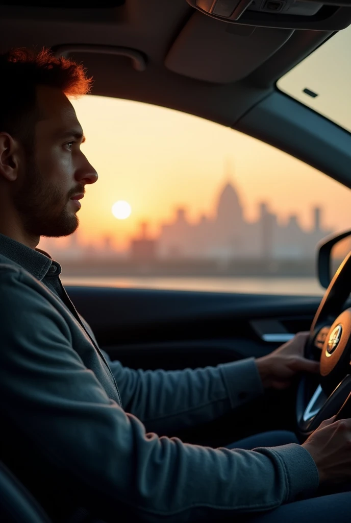 Man inside a car at dawn