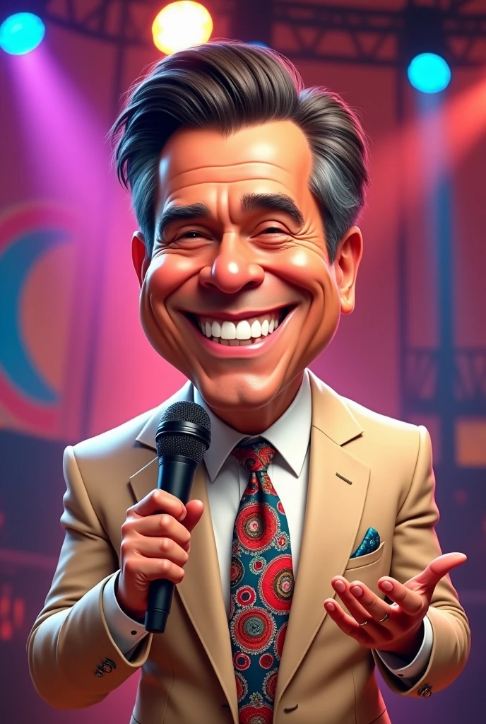 A caricature of a famous TV presenter Silvio Santos. Focus on her big, bright smile with very white, prominent teeth. His skin should be fair, reflecting his white complexion. His hair should be voluminous, combed back and dark brown with some gray highlights to represent his advanced age. His expression should be friendly and excited, with eyes half-closed, as if he is smiling or laughing. He is dressed in a light-colored suit, such as beige or light brown, with a tie. colorful and bold. He holds a microphone in one hand, with the other arm making an expansive gesture, as if he is telling a story or interacting with the audience, and his appearance is meant to reflect an older, wiser version of his appearance. iconic.