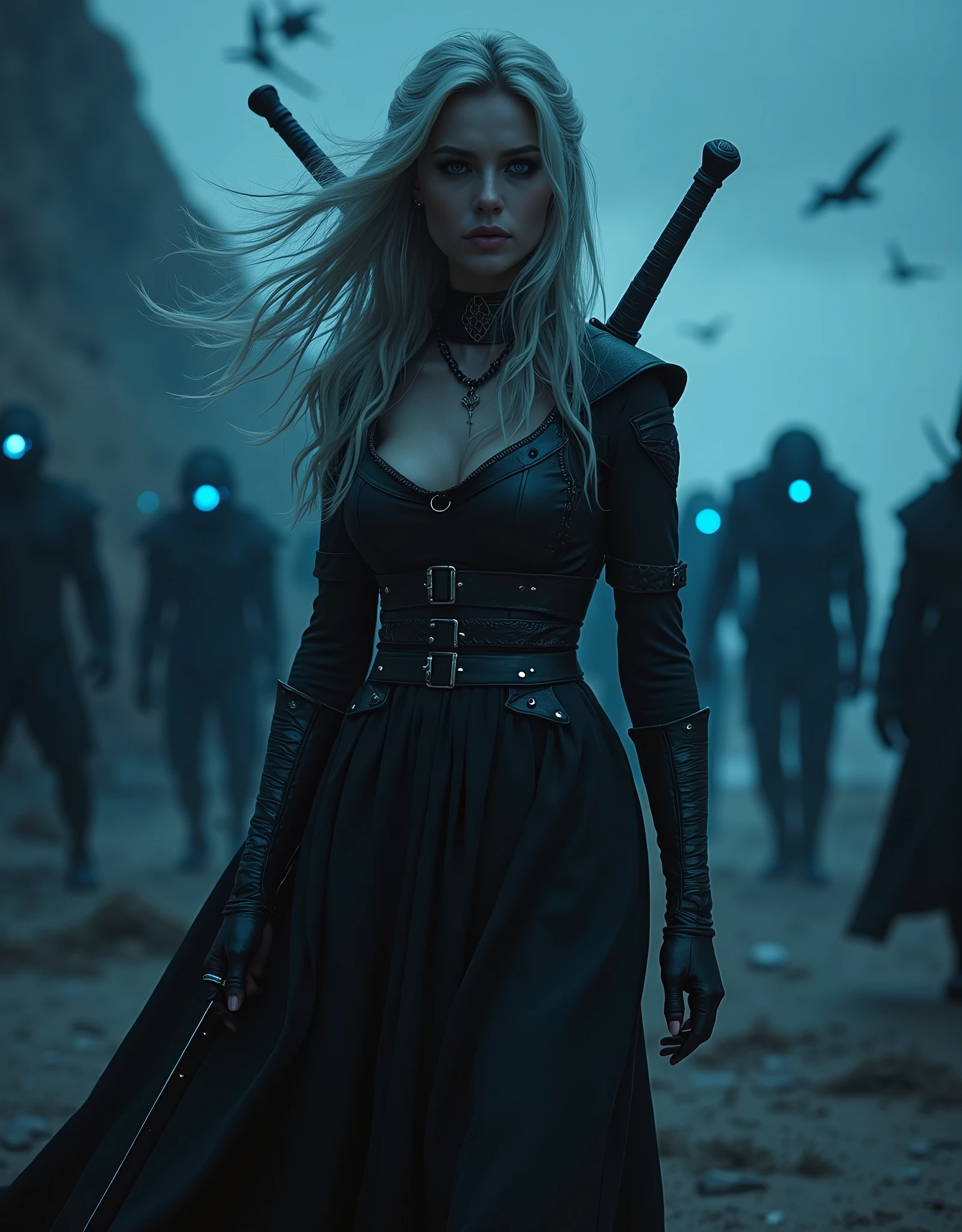Geralt of Rivia holding sword, skell, lambert and vesemir, wolf school background, and wolf symbol,unparalleled portrait 1 young woman ,science fiction, complex background punk, mad max , futuristic, post-apocalyptic, dark, dim light, ((insane masterpiece,max best quality,ultra highres,ultra hidef)),(ultra sharp focus:1.2),ultra professional photoreal, attractive young woman, (beautiful face:1.1), detailed eyes, luscious lips, (smokey eye makeup:0.85), (medium breasts:1.0), (athletic body:1.2), (wavy hair:1.2), wearing (maxi dress:1.2) on a (cliffside:1.2). (moody lighting:1.2), depth of field, bokeh, 16K, HDR. by (James C. Christensen:1.2|Jeremy Lipking:1.1), shadowy figures emerge from the darkness—black monsters and warrior-like silhouettes, their forms blending into the night. Only their piercing blue eyes stand out, glowing with an otherworldly intensity. These creatures, both menacing and majestic, move in formation, their presence commanding attention as they march towards the end of the road. Above, the sky is alive with the flapping of dark birds, their own blue eyes mirroring those of the shadows below. The creatures appear in various sizes, with smaller ones leading the way, while larger beasts loom behind, creating a sense of depth and anticipation. At the forefront stands the main character, a striking figure dressed in a sleek, stylish outfit that catches the neon light. Their hair flows dramatically in the night breeze, exuding confidence and power,(insane unrealengine5,epic tMasterpiece,max best quality, ultra-highdef XT3 ultra-highres),ultra-detailed,ultra sharp focus, naked, varies,multi, etc. --v 6 --s 1000 --c 20 --q 500 --chaos 100