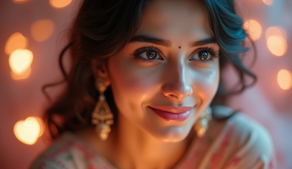 Here's a detailed thumbnail prompt for the song "Tere Khayalon Mein":

---

**Thumbnail Prompt:**

A close-up of a young, beautiful Indian woman with expressive eyes, lost in deep thought. She has a serene and wistful expression, with a slight smile as if recalling a fond memory. She’s wearing a traditional, elegant kurti in soft, muted tones. Her hair is gently tousled, with a few strands framing her face. The background is a blend of dreamy, blurred colors, suggesting a fusion of her thoughts and emotions, with subtle heart-shaped bokeh lights. Around her head, faint, ethereal images of a romantic couple dancing or holding hands can be seen, symbolizing the "khayalon" (thoughts) she is immersed in. The title "Tere Khayalon Mein" is written in a flowing, romantic Hindi script, gently arched over the top, with a soft glow that complements the dreamy mood of the thumbnail.

---

This image should convey a sense of deep romantic reflection, capturing the mood of someone lost in the thoughts of their beloved.