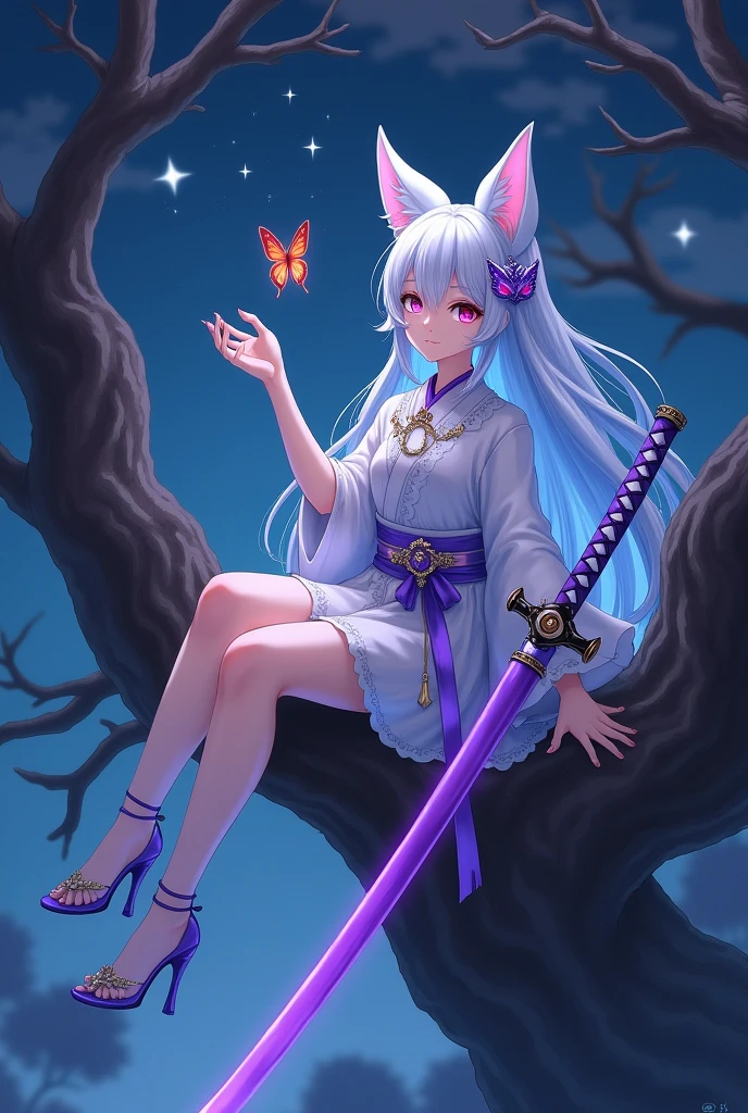 Girl with white hair with a butterfly haori with one purple eye and one red eye and a purple katana and a butterfly brooch with long blue hair sitting on a tree at night and holding a butterfly on her finger and wearing a fox mask