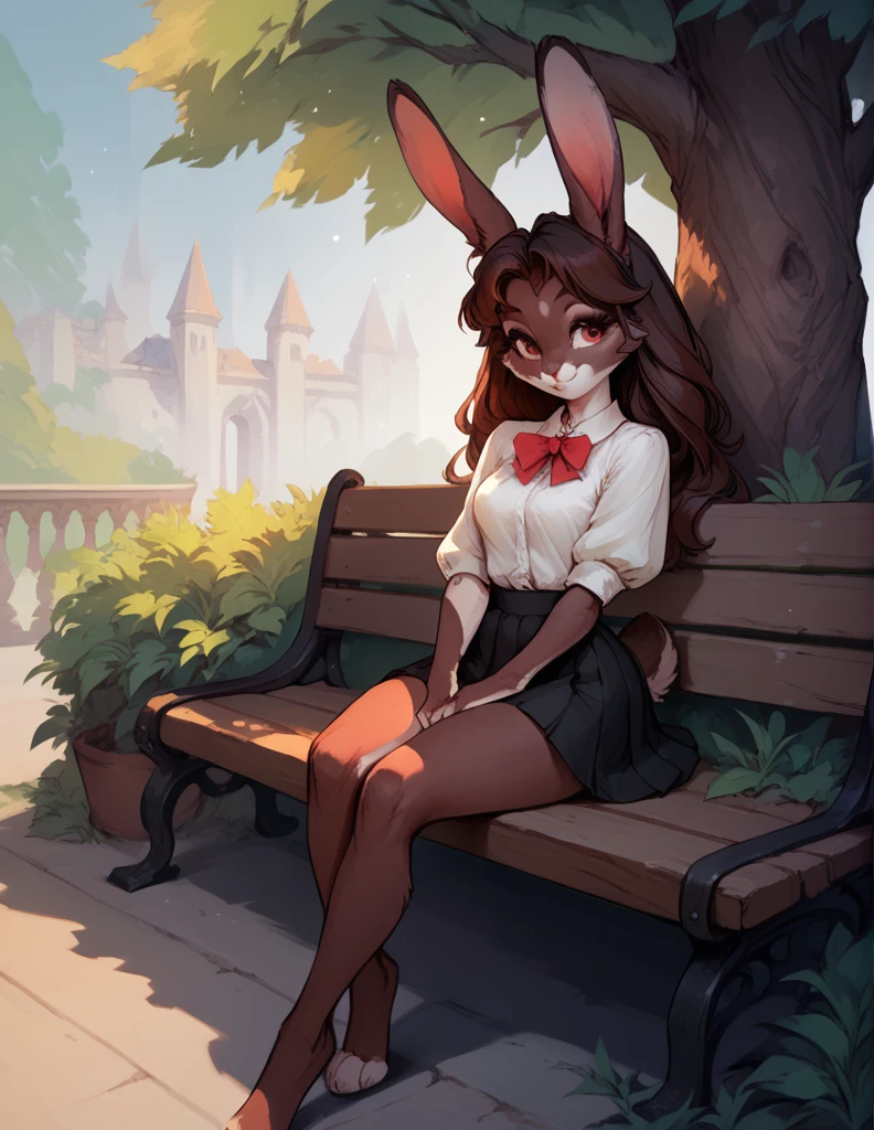 (((furry 5.0)))),Female, 18 years, cute rabbit, Female кролика, tight dress,slender body, sits on a bench, against the background of the park