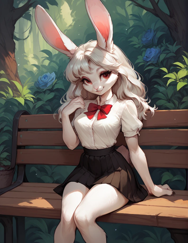 (((furry 5.0)))),Female, 18 years, cute rabbit, Female кролика,Skirt, slender body, sits on a bench, against the background of the Forrest