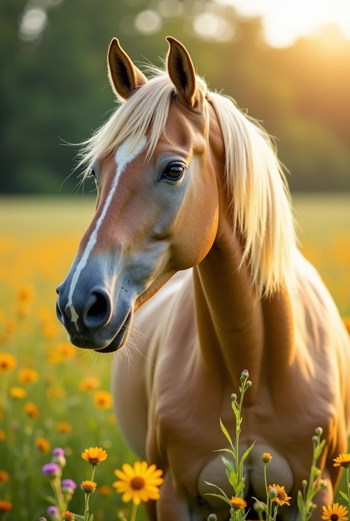 A BLONDIE HORSE IN A FIELD, Conceptual art, depth of field, close-up, Neoclassicism