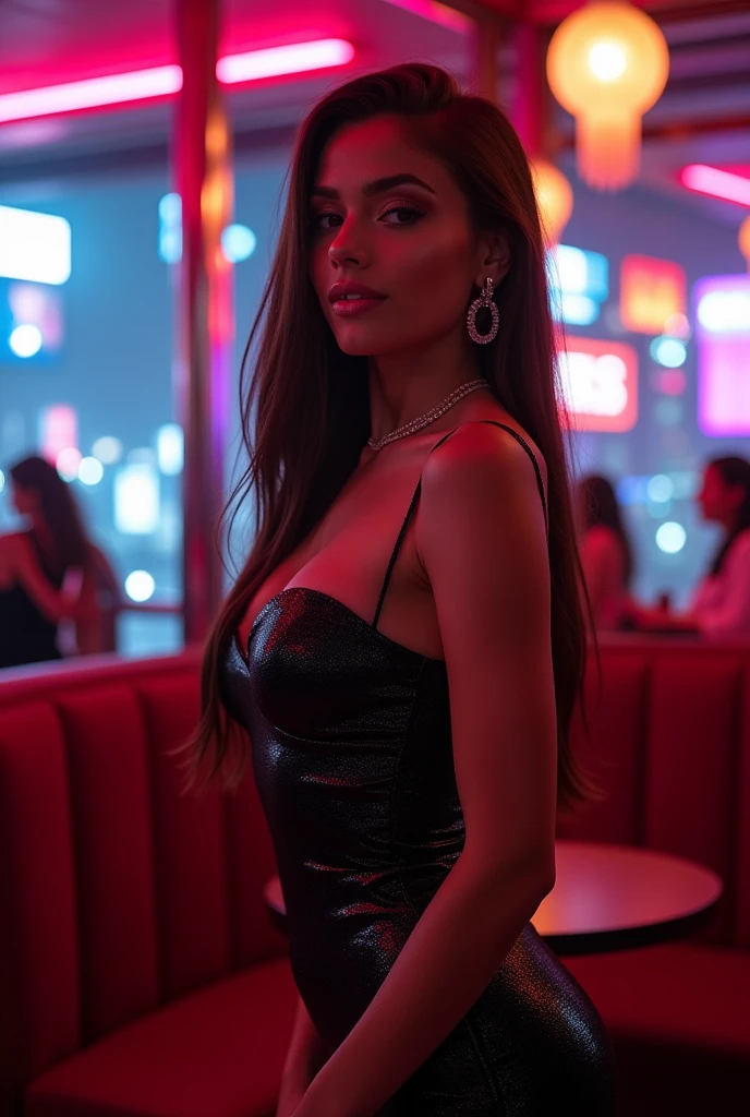 (8k, RAW Photos, Highest quality, masterpiece: 1.2)、Very detailed、Super Resolution、(Full body photography)、Natural color lip、Heavy eye makeup、(Super mini skirt tight dress costume 1.2), Gorgeous Accessories、Straight Hair、H cup breasts、Big Breasts:1.2、(Background of a high-end nightclub with a night view１.2)、(Dynamic Sexy Pose 1.2)、(Gorgeous Theme 1.2)、(With cleavage 1.2)