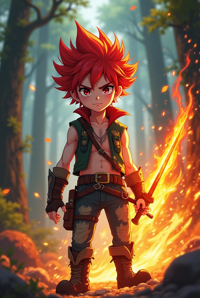 anime boy, Red hair, White skin, Red eyes,adventurer clothes and a fire sword 