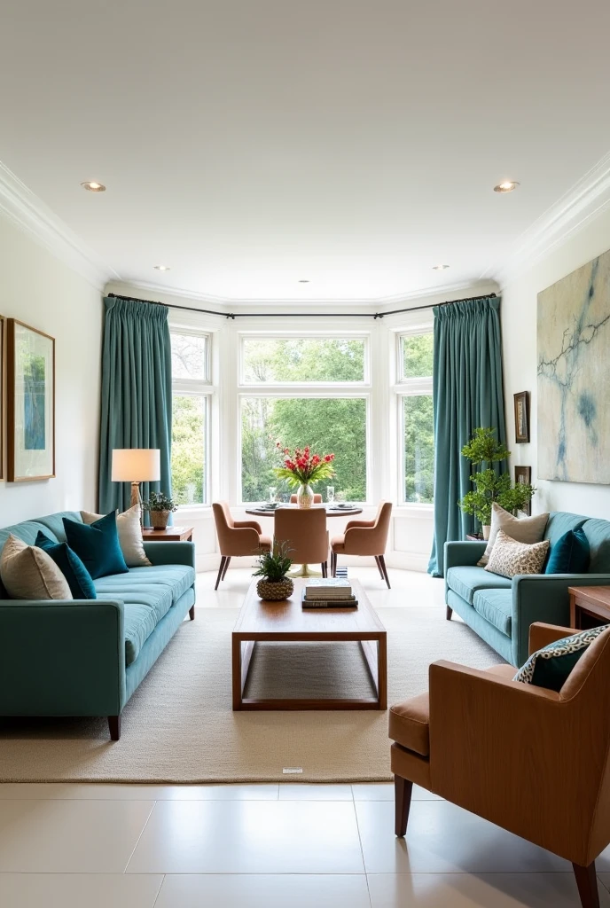 design a drawing room that has extended area at window, white floor, white walls, wooden furniture and teal highlights. Dining area is also in living room. 