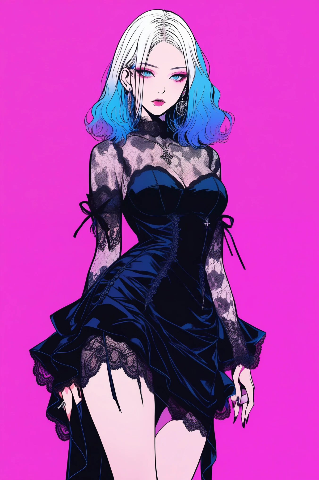 Illustrator, anime , realistic ,draft , 1 person, model, lips, A sheer, short black gothic dress with lots of lace..., command, Gradient blue and pink background, Neon hair color, big breasts, ทั้งdraftกาย, Look behind, Look sexy, sexy pose, Texture Trim, Russia, (Masterpiece,Highest quality)