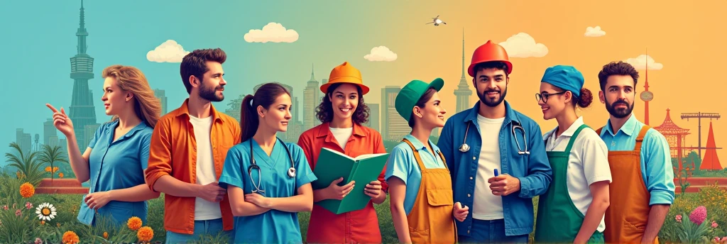 I created a banner with real people in 8k with professions like: teacher, farmer, nurse, lawyer, doctor, janitor, Policerman, an image with a background that brings technology and current affairs that shows the diversity of professions.