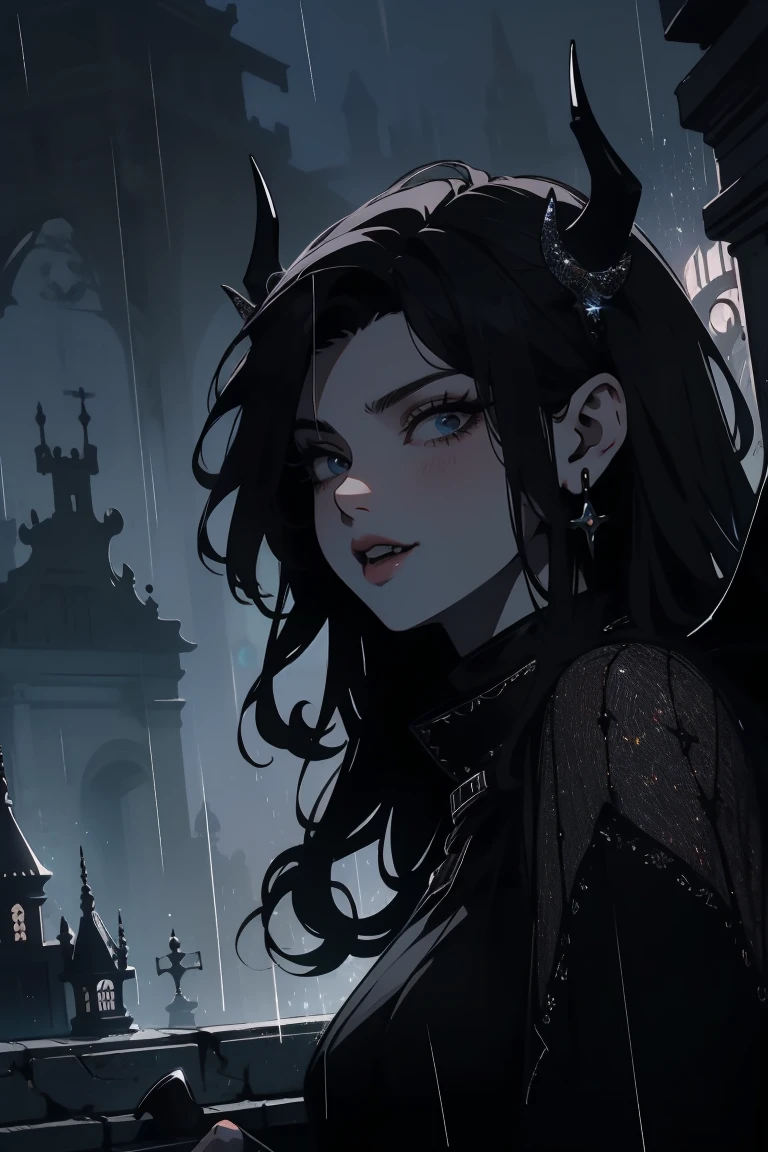 (outside, scary castle, raining, evening, soft light, dim lit, moody vibe, horror \(theme\), ), (insanely detailed, beautiful detailed face, masterpiece, best quality), 1girl, succubus, demon girl, mature female, long brown hair, green eyes, grin, smirk, demon horns, black tail, black demon wings, whole body, sitting on the ground,