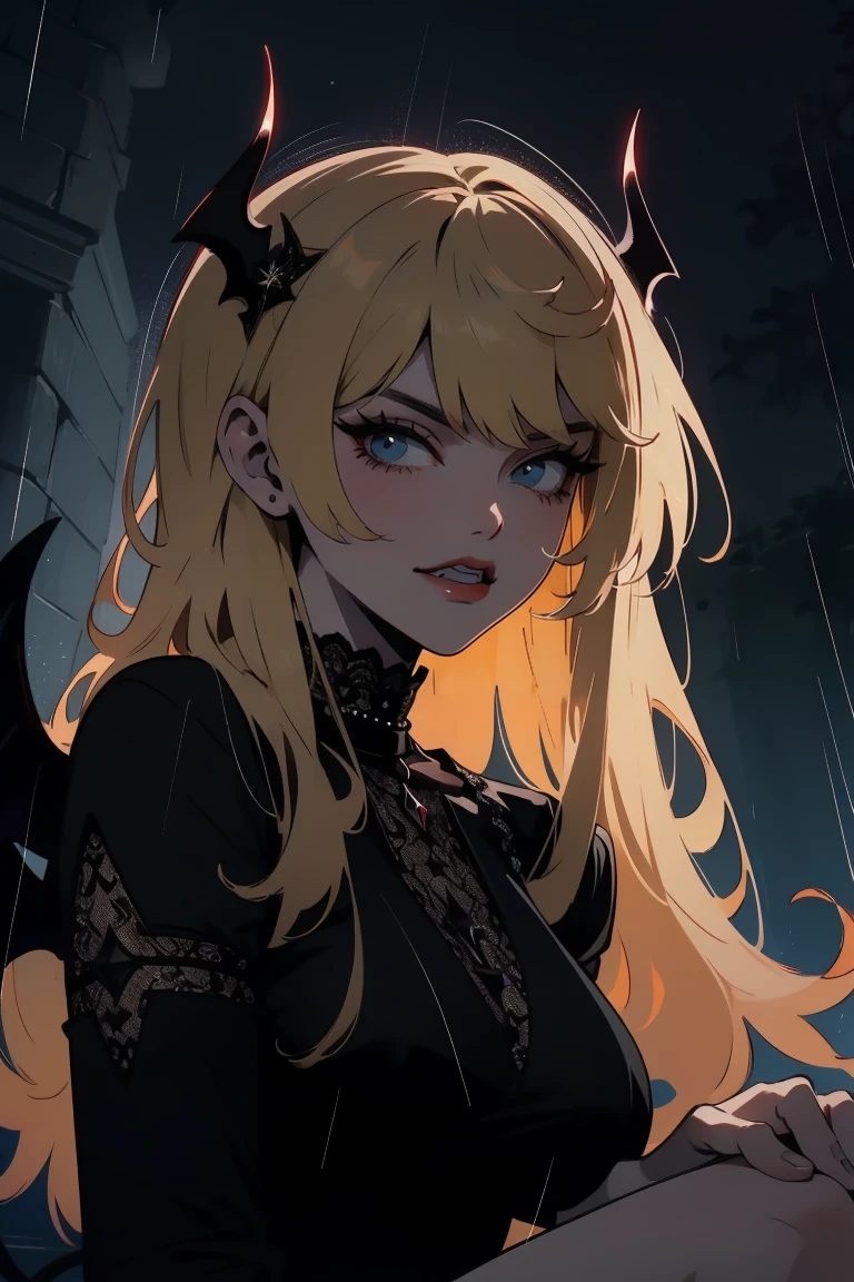 (outside, scary castle, raining, evening, soft light, dim lit, moody vibe, horror \(theme\), ), (insanely detailed, beautiful detailed face, masterpiece, best quality), 1girl, succubus, demon girl, mature female, long brown hair, green eyes, grin, smirk, demon horns, black tail, black demon wings, whole body, sitting on the ground,