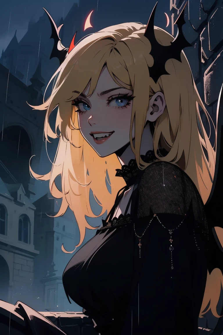 (outside, scary castle, raining, evening, soft light, dim lit, moody vibe, horror \(theme\), ), (insanely detailed, beautiful detailed face, masterpiece, best quality), 1girl, succubus, demon girl, mature female, long brown hair, green eyes, grin, smirk, demon horns, black tail, black demon wings, whole body, sitting on the ground,