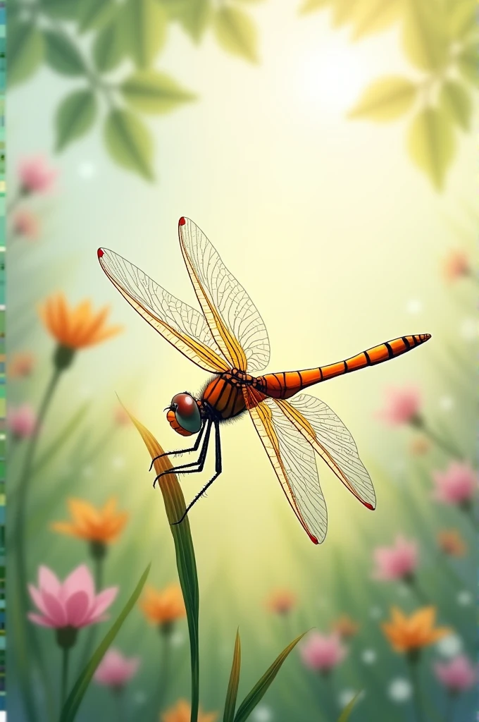 A detailed illustration of a dragonfly, intricate wings with fine veining, perched on a delicate blade of grass. The background is a soft-focus meadow with wildflowers. Subtle pastel colors with sunlight filtering through. Created Using: watercolor painting, botanical art, soft brushes, natural pigments, impressionist influences, delicate lines, translucent layering, hd quality, natural look --ar 9:16 --v 6.0