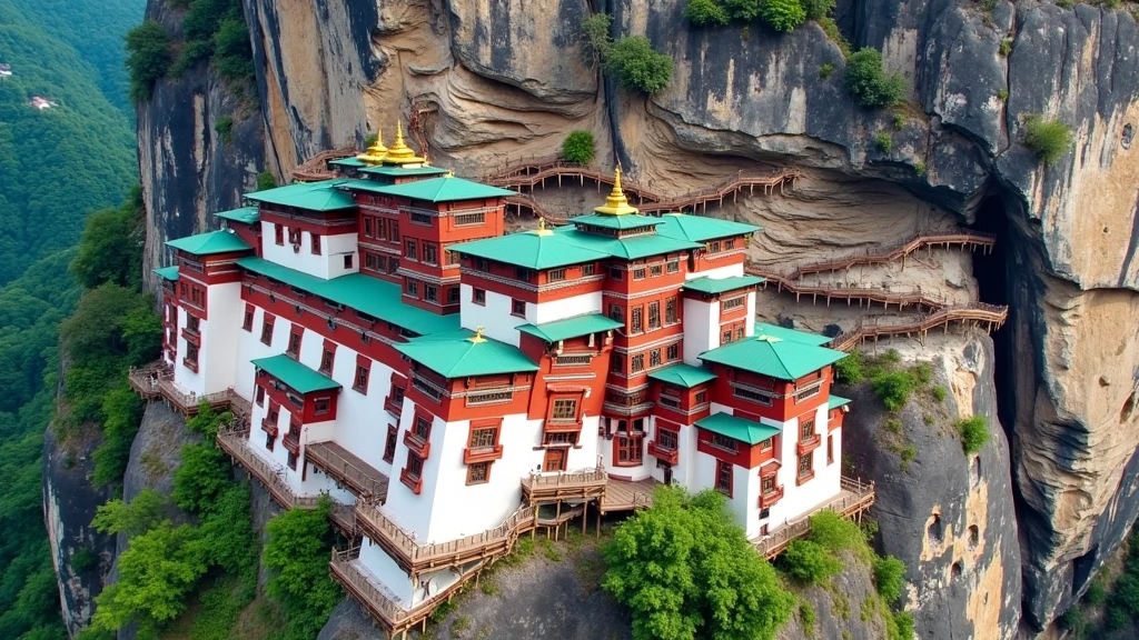 an impressive set of buildings situated on a steep cliff. This is the famous Hanging Temple (or "Hanging Monastery"), located in China. The temple is characterized by its buildings painted red and covered in green roofs that stretch along the rock face. The structures appear to float, supported by wooden pillars fixed directly to the cliff. The site is surrounded by green mountains, and the walkways connecting the different buildings are visible along the edges of the building. The temple is a fascinating example of ancient engineering and architecture.