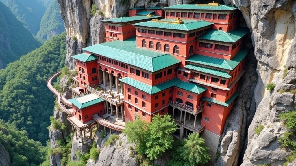 an impressive set of buildings situated on a steep cliff. This is the famous Hanging Temple (or "Hanging Monastery"), located in China. The temple is characterized by its buildings painted red and covered in green roofs that stretch along the rock face. The structures appear to float, supported by wooden pillars fixed directly to the cliff. The site is surrounded by green mountains, and the walkways connecting the different buildings are visible along the edges of the building. The temple is a fascinating example of ancient engineering and architecture.