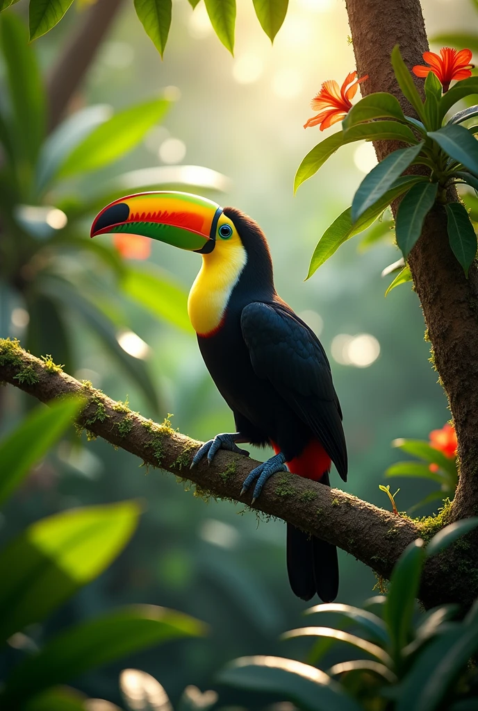 A toucan on a branch in the right corner