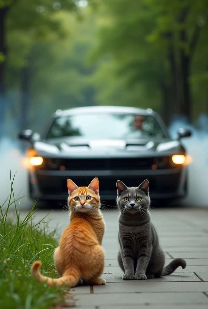 The Car Approaching Dangerously
Prompt: A speeding car coming directly toward cat and his father cat. The car is shown in motion, tires skidding slightly, and it's clear the driver hasn’t noticed the cats. Cat and his father have startled expressions as they freeze in fear, realizing the danger. The scene is tense, with the park entrance just behind them.