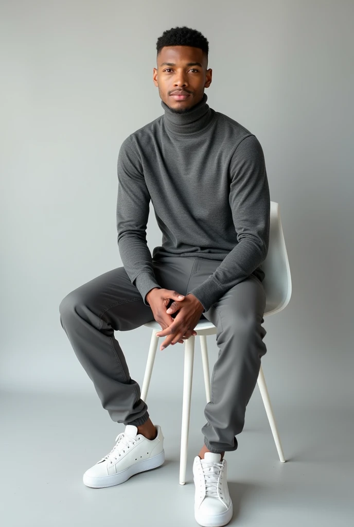 best qualityer:1.4), (ultra high resolution:1.2), (photorrealistic:1.4), (8k, CRU photo:1.2), a thin young man of 20 years old, Light brown skin, with a smooth, beardless face, with short hair, with shaved sides and a slightly curly top, similar to the fade or taper haircut style, gray long sleeve turtleneck shirt, Gray pants, White sneakers, is sitting on a white chair. You are in a photography studio with a gray background