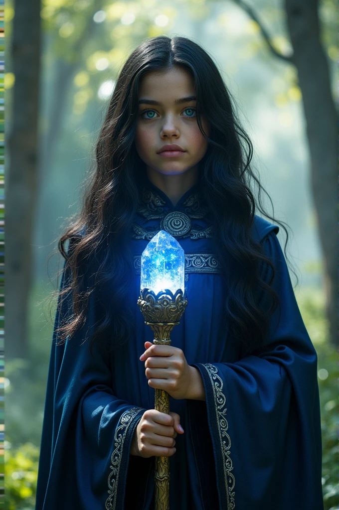 A realistically shaped 13 year old girl with black hair, with blue eyes and a magical aura around him, could be holding a staff, symbolizing your connection to magic. She could have a flowing cloak or cape, reinforcing her role as a daughter of Hecate.