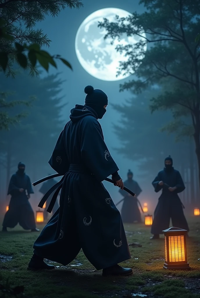 Japanese ninja in ninja uniform and cap training head-on with other ninjas at night 