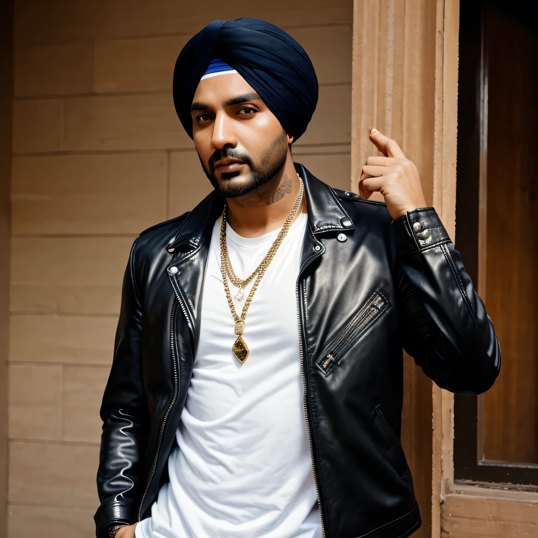 Make a punjabi boy , age 35 , rapper type appearance,  in cool style , cool pose , looking at sideways , fancy hair , leather jacket .
