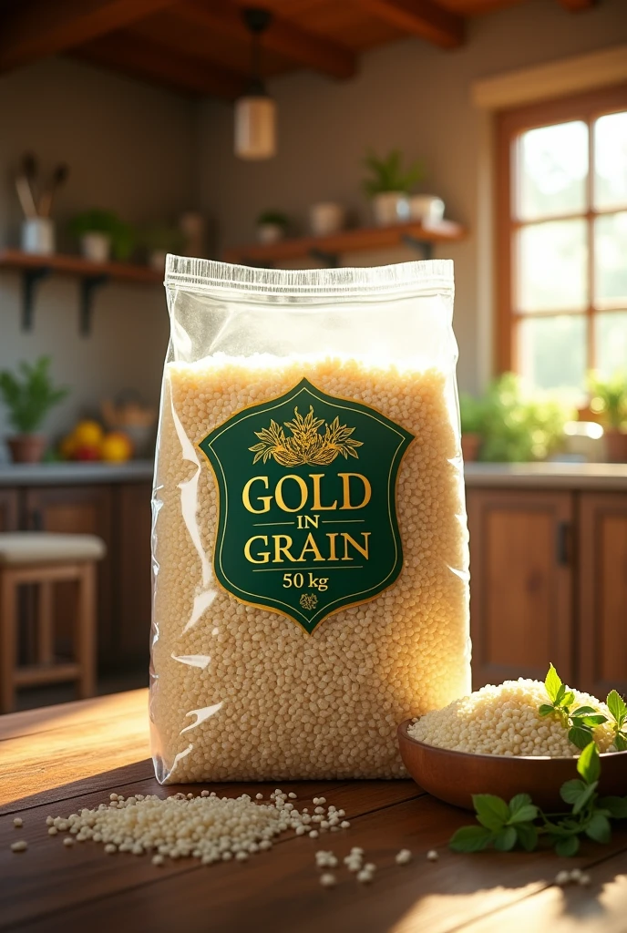 LARGE 50 KILOS TRANSPARENT BAG OF PREMIUM RICE AND THE FRONT PART IN GREEN AND GOLD COLORS WITH THE BRAND "GOLD IN GRAIN"