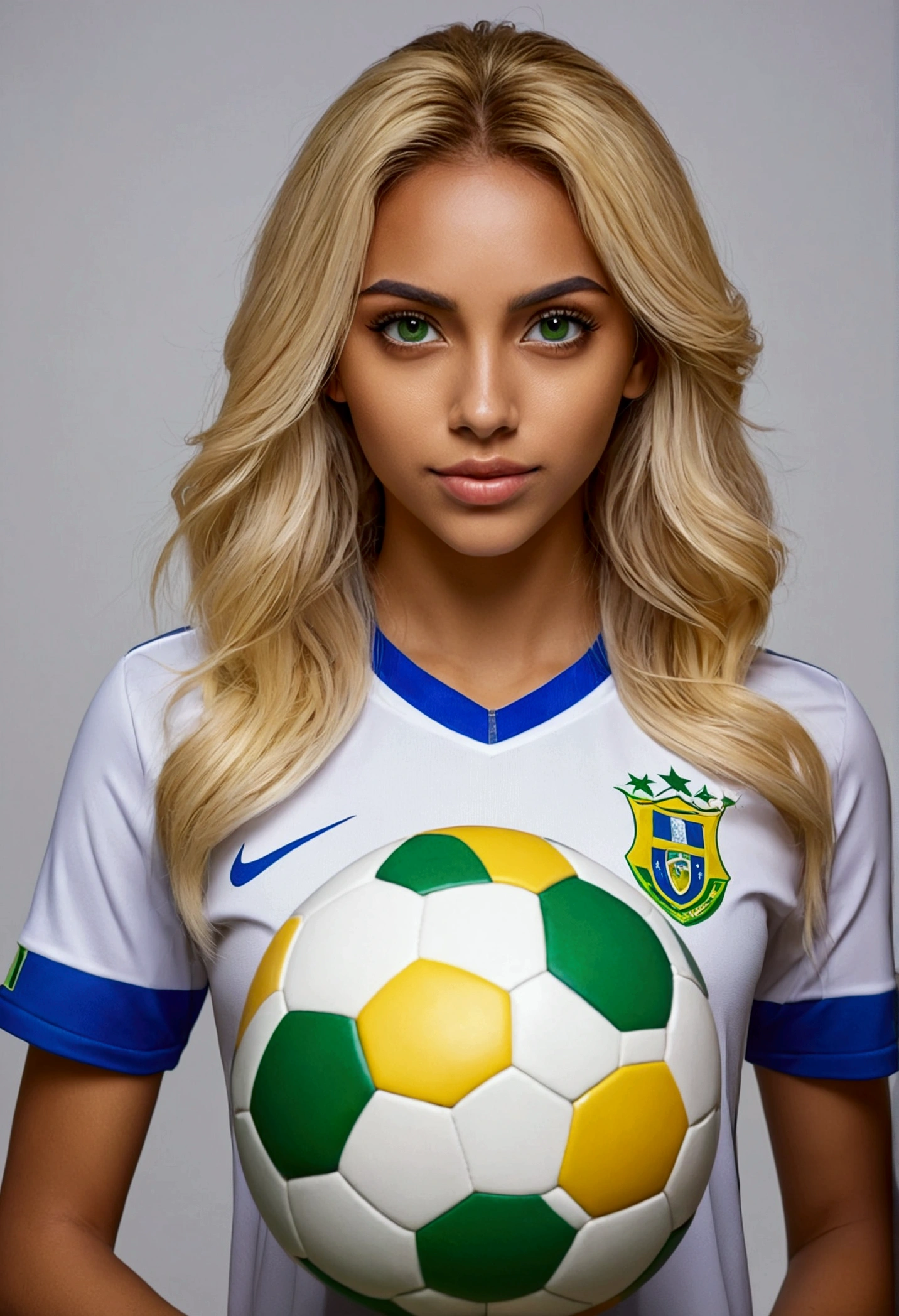 a beautiful brazilian woman with blonde hair and green eyes, wearing the shirt of the brazilian football team, holding a soccer ball under her arm, anime style, 8k, photorealistic, detailed facial features, stunning, elegant, dynamic pose, colorful, vibrant colors, cinematic lighting, masterpiece