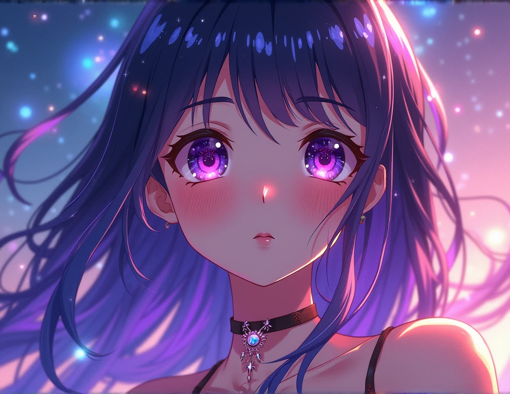 Close-up of a woman with colorfully hair and necklace, anime girl with cosmic hair, Rossdraws soft vibration, Gouviz style art, fantasy art style, colorfully], vibrant fantasy style, Rossdraws cartoon full of vitality, cosmic and colorfully, Guweiz, colorfully digital fantasy art, stunning art style, cute anime style, shiny hair