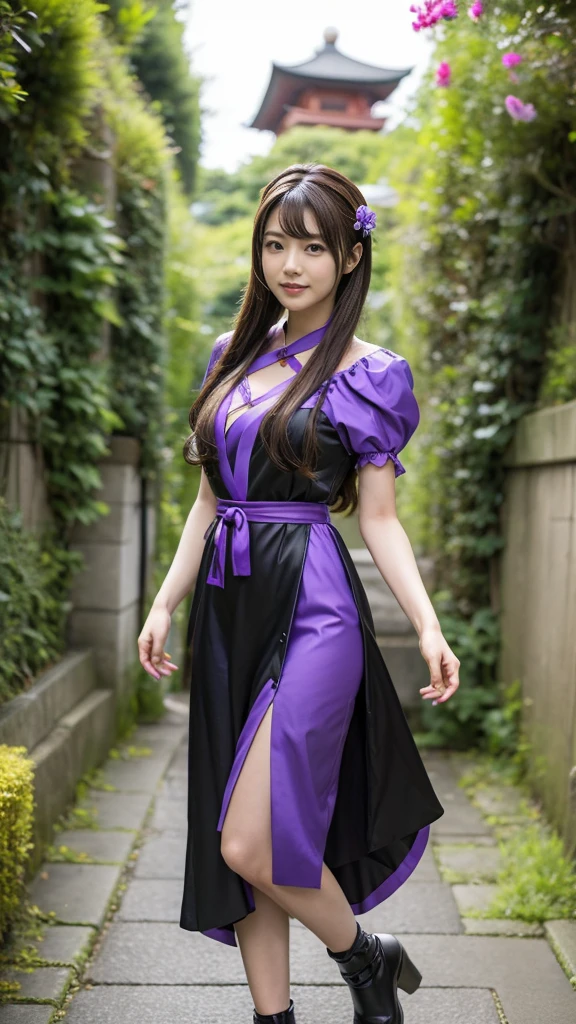 Full body, very very long hair brown rapunzel, cosplay Anime girl in a purple and black dress with a purple sakura flower in her hair, artwork in the style of Gweitz, Gweitz, japanese Girl, Trending on cgstation, Cute anime in a nice dress, Gweitz on pixiv artstation, palace , Girl in Hanfu, Beautiful digital art, Gweitz on artstation pixiv, very very long brown hair rapunzel, dancing, walking, background japan city, excited, wearing armor