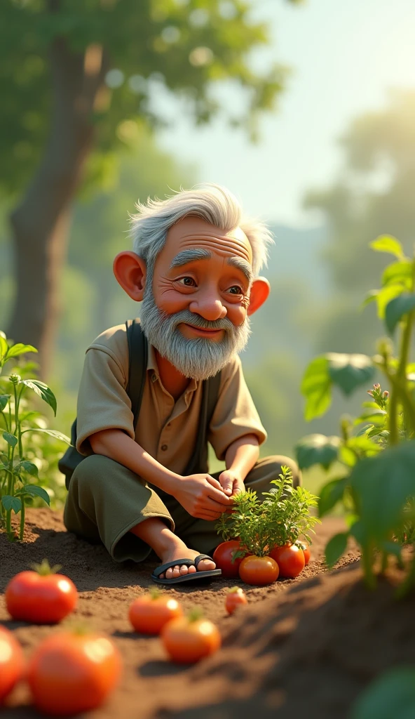 Uncle Tu is an elderly man, Lean with gray hair and tanned skin. He usually wears simple clothes like old shirts, Long pants and -flops. He has a gentle face, often smile beard. Sitting and planting small tomato plants, sowing each small plant down below. 3d animation