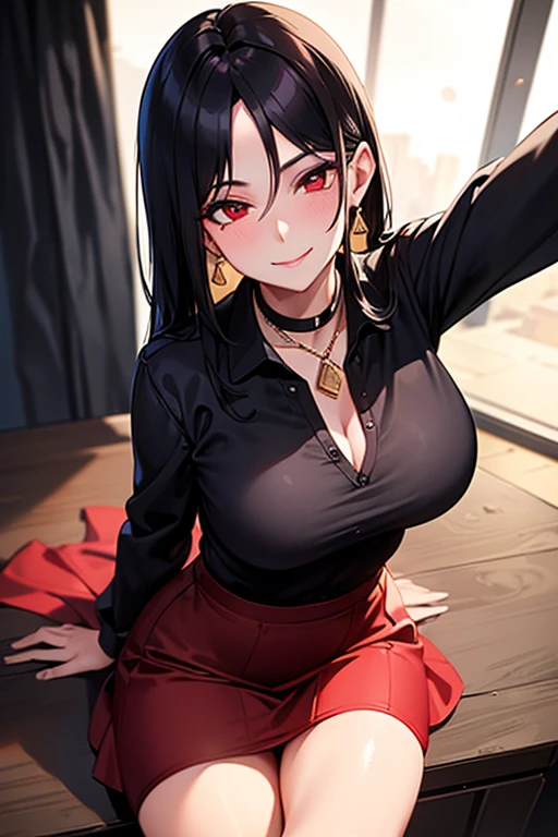 masterpiece:1.2, 1 woman, 30 years, teacher clothing, teacher unoform, modern fantasy clothing Cinematic goddess close-up, cinematic lighting, (Best lighting) black hair, shadows, , covered, milf, seductive look, smile, mole, looking at viewer, extremely detailed, fine art, coloured. clothes, red eyes, dress, teacher, fantasy, sole woman, lookingup at viewer, mature woman