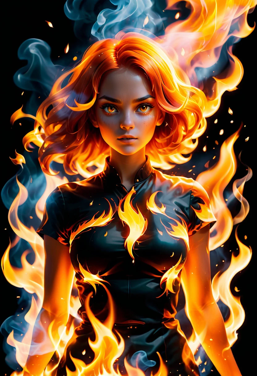 (fire element:1.1),It consists of the fire element,(medium breasts:1.2),burning,Transparency,fiery,(molten rock),flame skin,frame print,fiery hair,to smoke,cloud,chopped,,girl engulfed in flames, Flames fly up and sparks scatter,Burning hand,translucent luminescence,