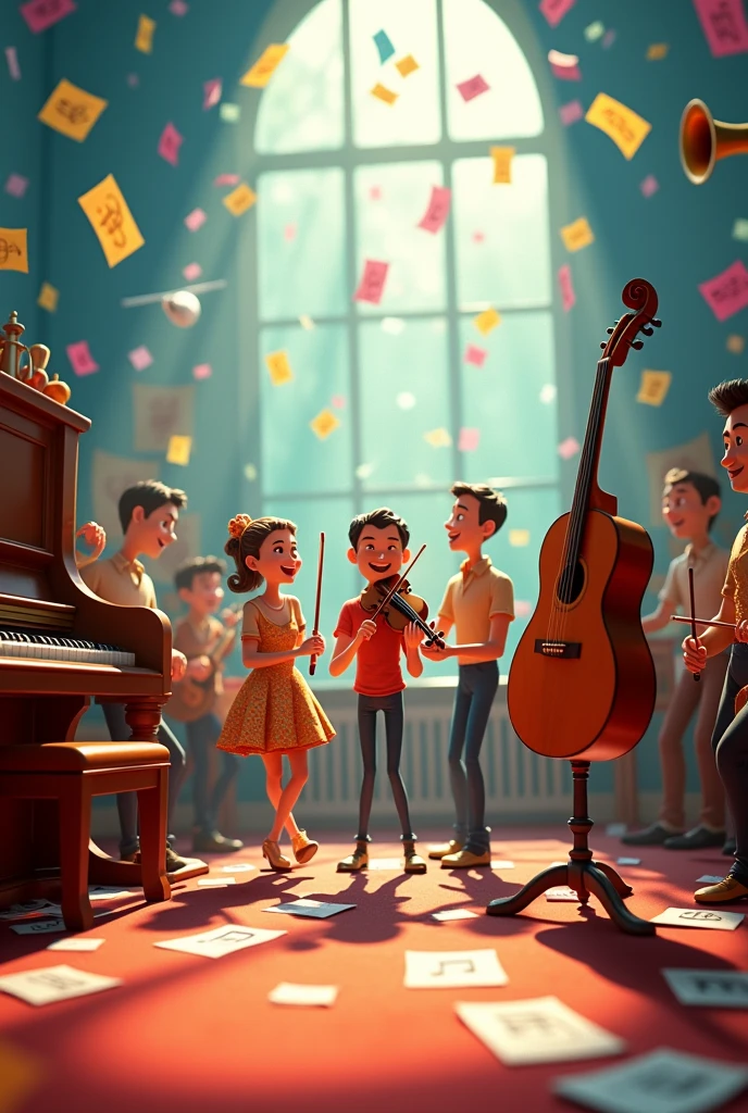 Piano, guitar, drums, maracas, violin, battery, trumpets, microphones, musical instruments, musical notes, sheet music, staff, colorful, happy, Beautiful, , musical, pixar type animation