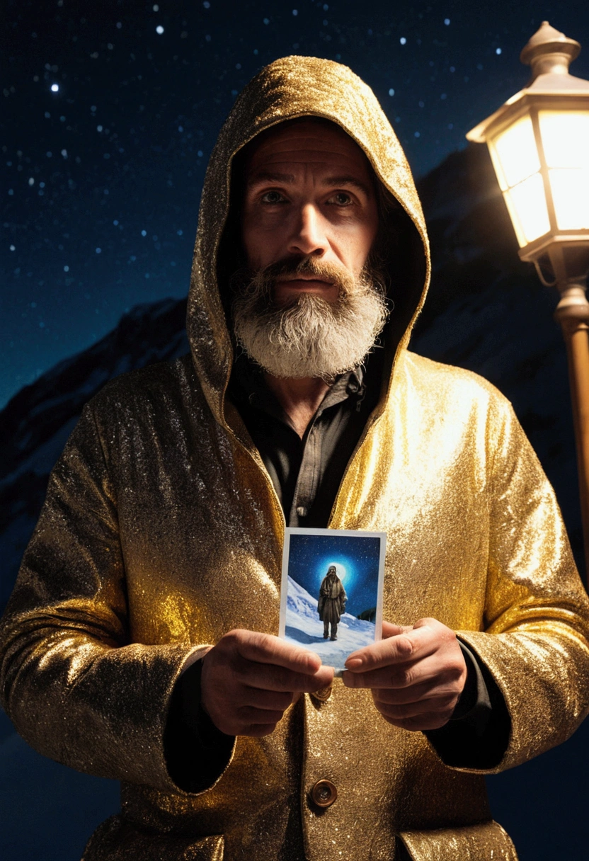 35mm film photography, A snowy mountain landscape under a starry night sky. A bearded mountain man Homeless hooded cloak middle-aged walker lonely takes a step outside, his breath visible in the cold air., studio lighting, copy background, professional grading, advertising, cinematic angle composition, 50mm, high detail, vibrant color palette, close up, wide-angle shot, lens flare, 3D effect ultra-detailed intricate insanely full HD, full body portrait, hyperrealist artwork, photorealistic digital painting cinematic film light, expressive eyes, A whimsical Victorian gothic steampunk, adorned in a golden jacket, captured in a low-angle shot. Surreal lighting casts enchanting shadows, enhancing her cute yet mysterious aura, In the museum city a night a woman hand holding a polaroid picture of a bearded mountain man grinding on the top, Carlos Catasse, holography, bearded mountain man photography, a polaroid photo, 3D effect ultra-detailed intricate insanely full HD, golden ratio, volumetric modeling, spotlight embroidery, accents, intense gaze, digital painting cinematic film light, expressive eyes, ultra-realistic, ultra detailed, photorealistic, , surreal, , indie film screencap, adventure, epic fantasy surreal divine presence edge of reality,