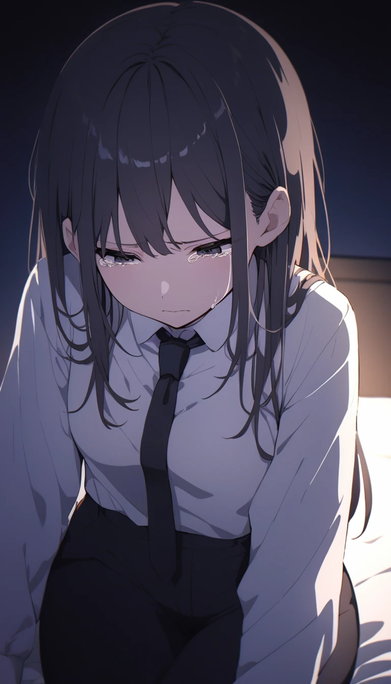  solo, Adult woman, medium shot on person suffering from anxiety, cry face, a woman showing sadness, a woman sitting in bed, white shirt, black tie, Long-sleeved shirt, black trousers, dynamic angle. no light source, dark background, night days, dark hotel bedroom background, 