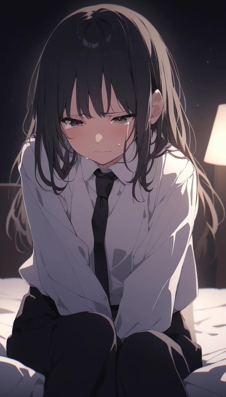 solo, Adult woman, medium shot on person suffering from anxiety, cry face, a woman showing sadness, a woman sitting in bed, white shirt, black tie, Long-sleeved shirt, black trousers, dynamic angle. no light source, dark background, night days, dark hotel bedroom background,