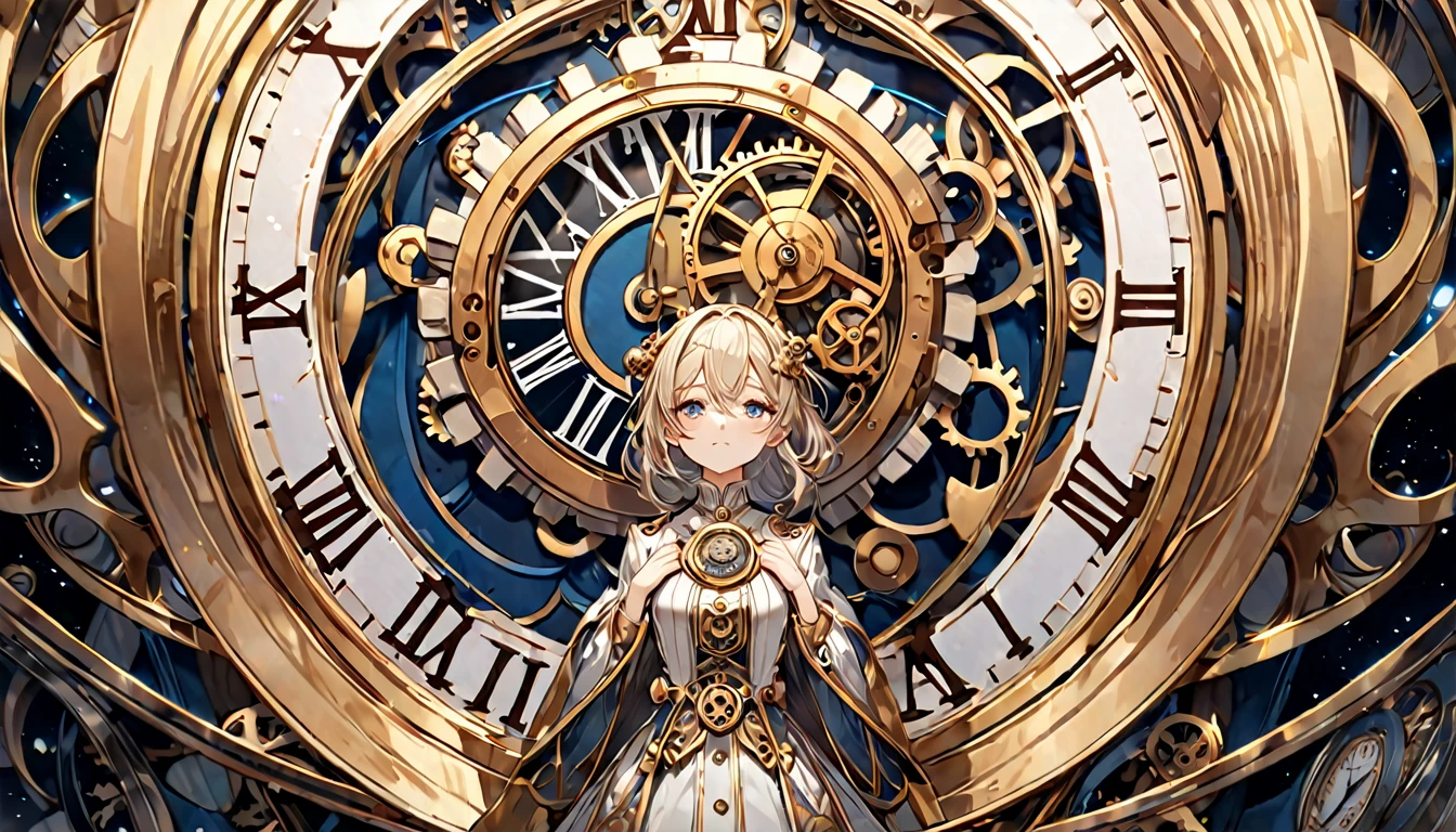 **290. One person。Clock personification。The calm incarnation of a clock that governs time。Cowboy shot or close-up。
masterpiece, best quality, ultra detailed (Detailed fingers), (Emotional), (Breathtakingly beautiful),
(main part: 1.2 Whole body。), (Anime Style), (Very detailed), (Personification of clock),
(超High resolution, High resolution), (8k), (High resolution: 1.2), (Complex and beautiful: 1.2)**
- background: Old clock tower、A space that lets you feel the passage of time。
- Personification: Young woman, around 18 years old、Wearing elegant outfits designed to resemble gears and clock faces。
-pose: Standing quietly as if watching over the time。
-expression: Calm and intelligent、A timeless and calm look。
- Effects: The hands of the clock move slowly、Time passing effect。
-color: Bronze and antique gold、A color that symbolizes the charm of old watches。