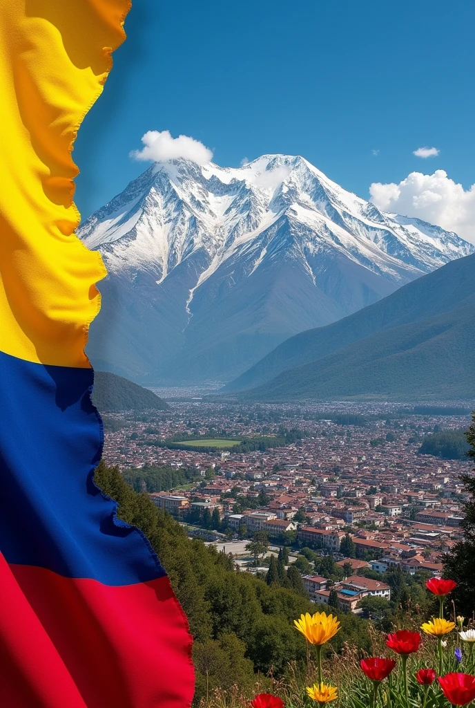 Collage with the flag of Ecuador and the name of Ecuador in letters in the vertical half of the image.
In the other half of the image a landscape with the Ecuadorian mountain range with snowy peaks and the city of Quito 