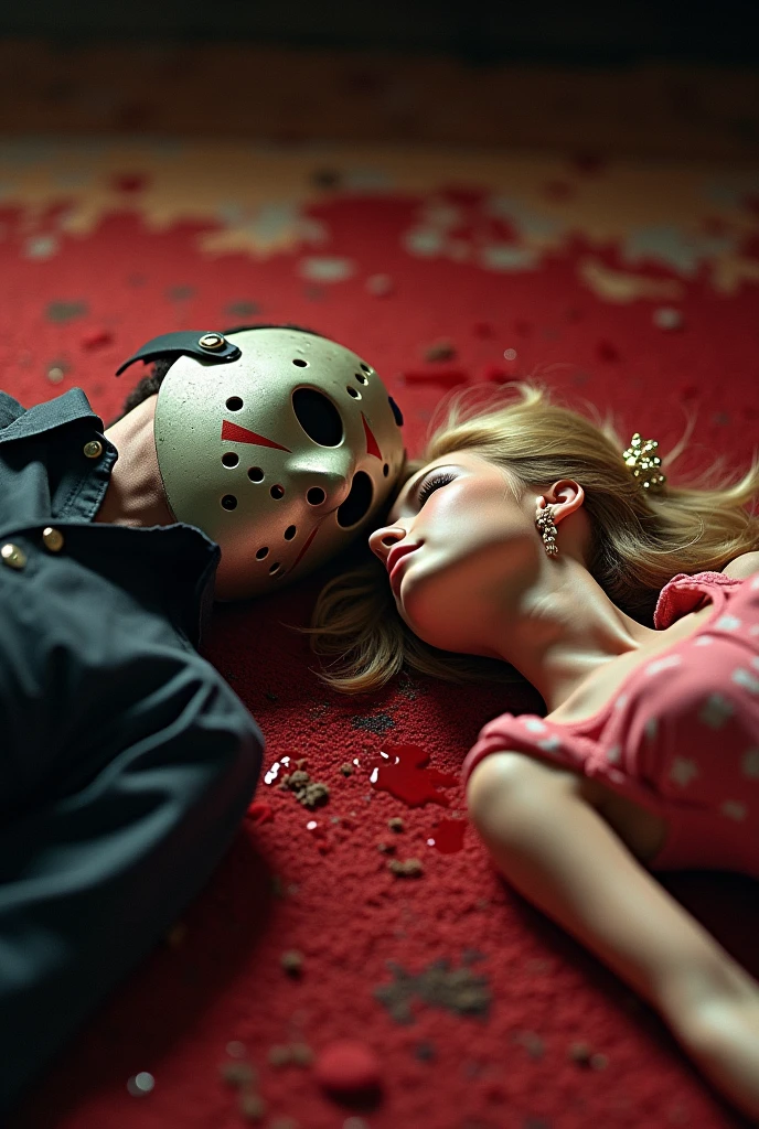 A close-up of Jason Voorhees lying on a rug with Princess Peach lying next to him, They are looking at each other, found head first, love, enloveados, warm environment, blood and pastel colors, dark and cheerful atmosphere at the same time, horror, love, 8k, ultra quality, masterpiece, realist, hiperrealist, HD, ultra HD